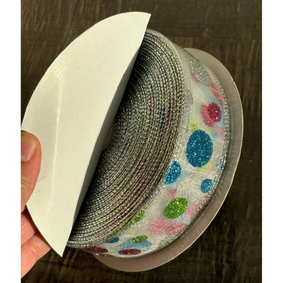 Kirkland Signature Wire Edged Ribbon Glitter Polka Dots Crafting Decorating 1.5" - Picture 3 of 5